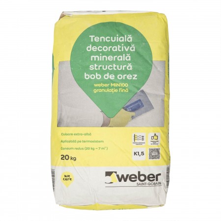 Tencuiala decorativa Weber Min 100 K, 1.5 mm, alb, aspect bob cu bob, 20 kg
